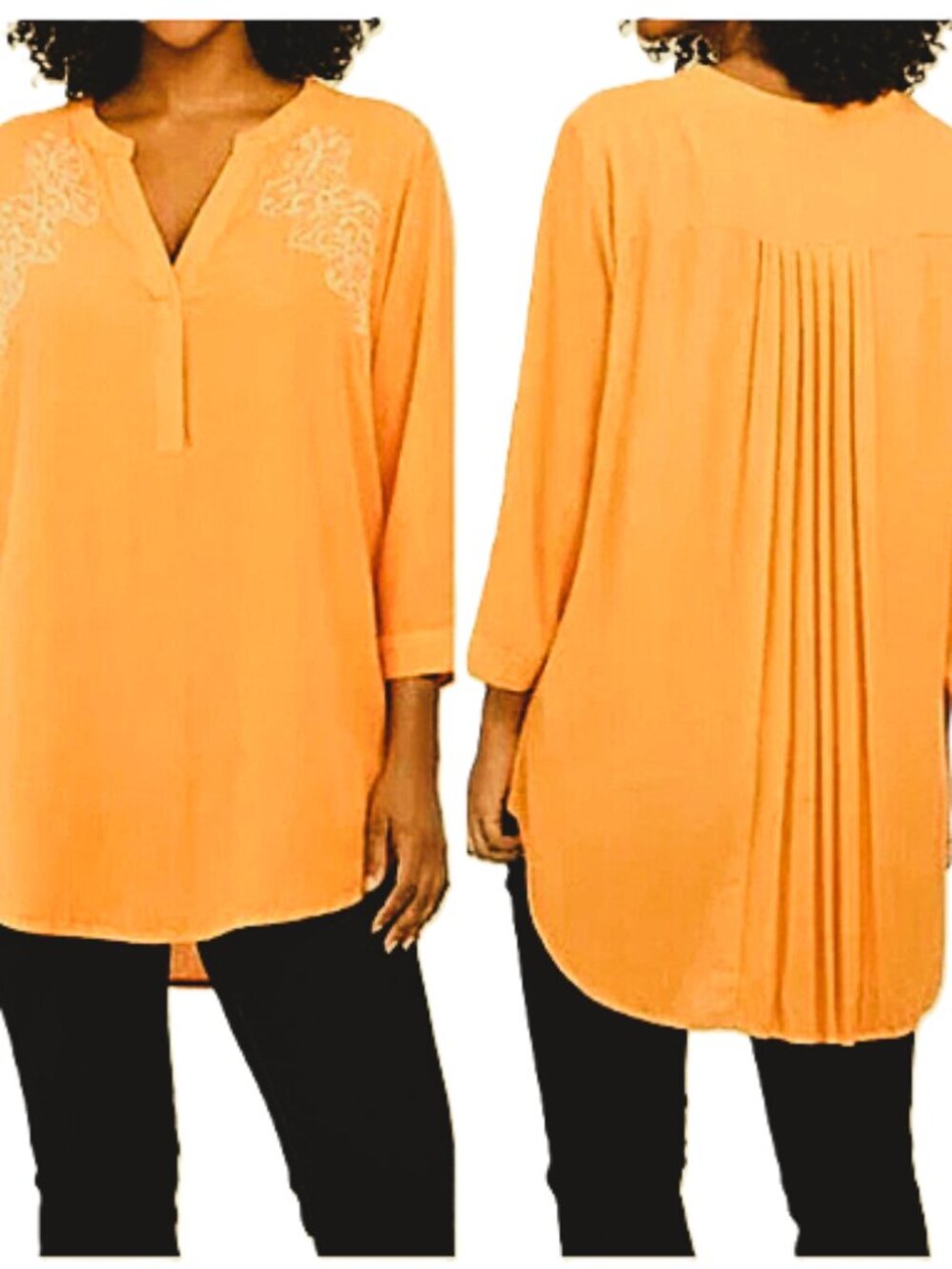 Chico's Charming Pleated Stella Orange Tunic Blouse Top size 1